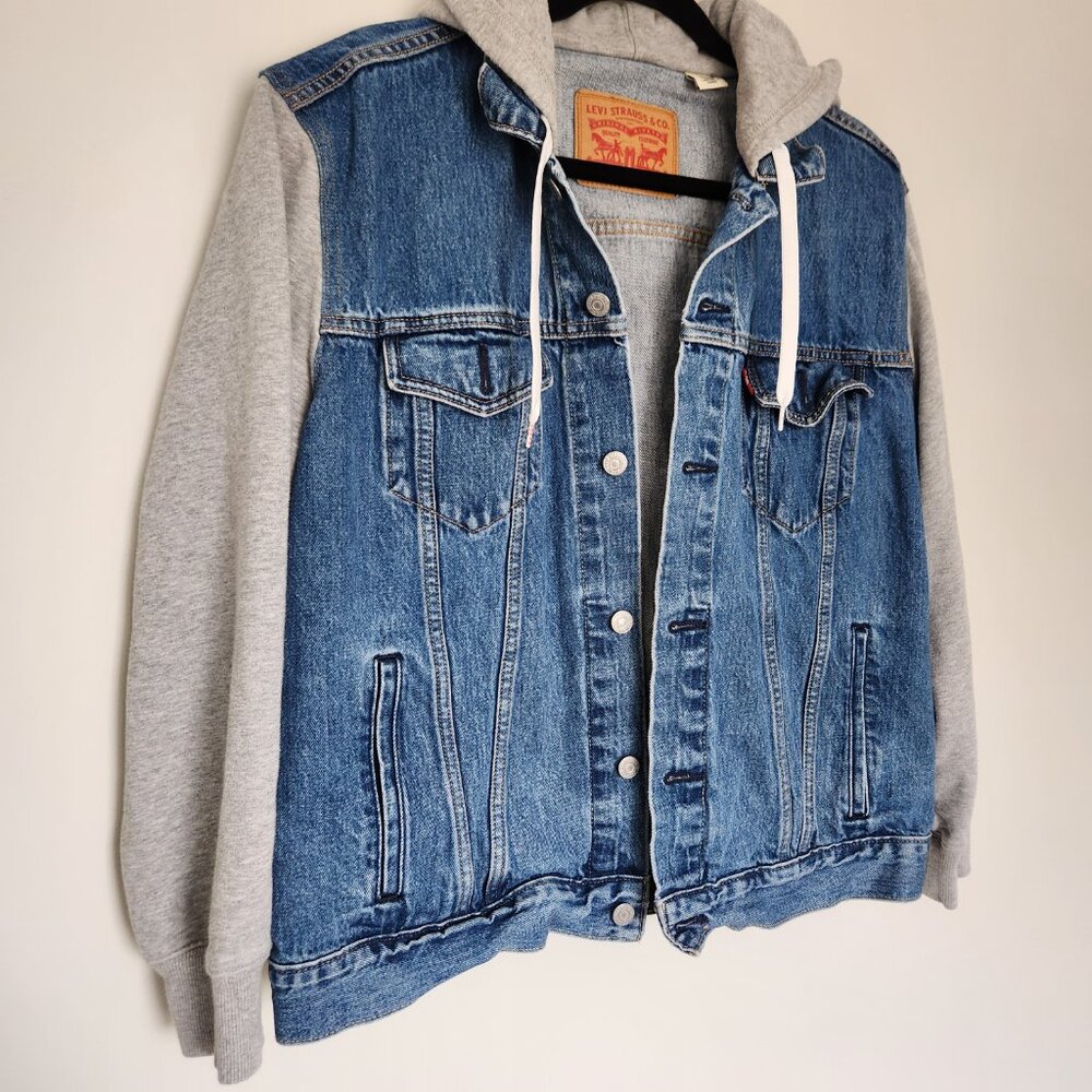 Levis Hybrid Hoodie Trucker Jacket Mens Large L Blue Gray 100% Cotton Denim EUC - Picture 5 of 8